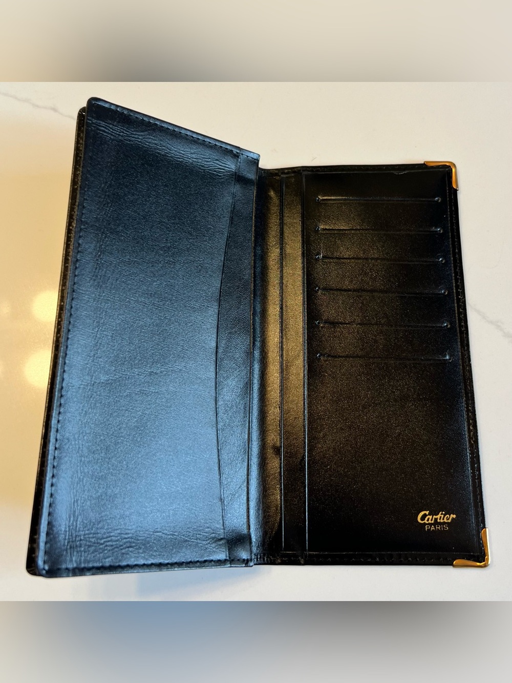 Black Leather Cartier Long Checkbook Bifold Wallet
